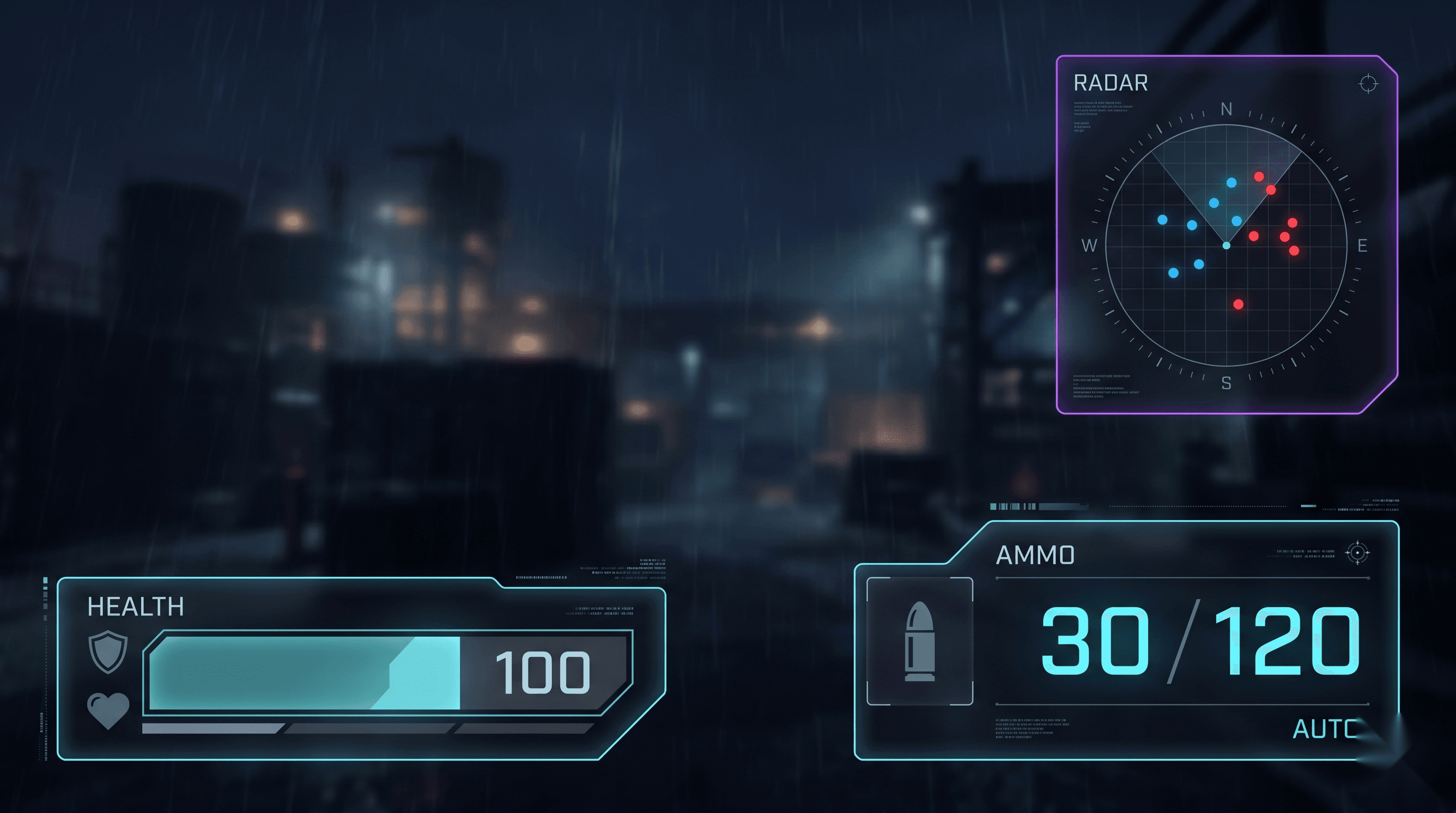 FPS HUD Roblox GUI template preview — Ammo / Health / Crosshair, dark style, desktop layout
