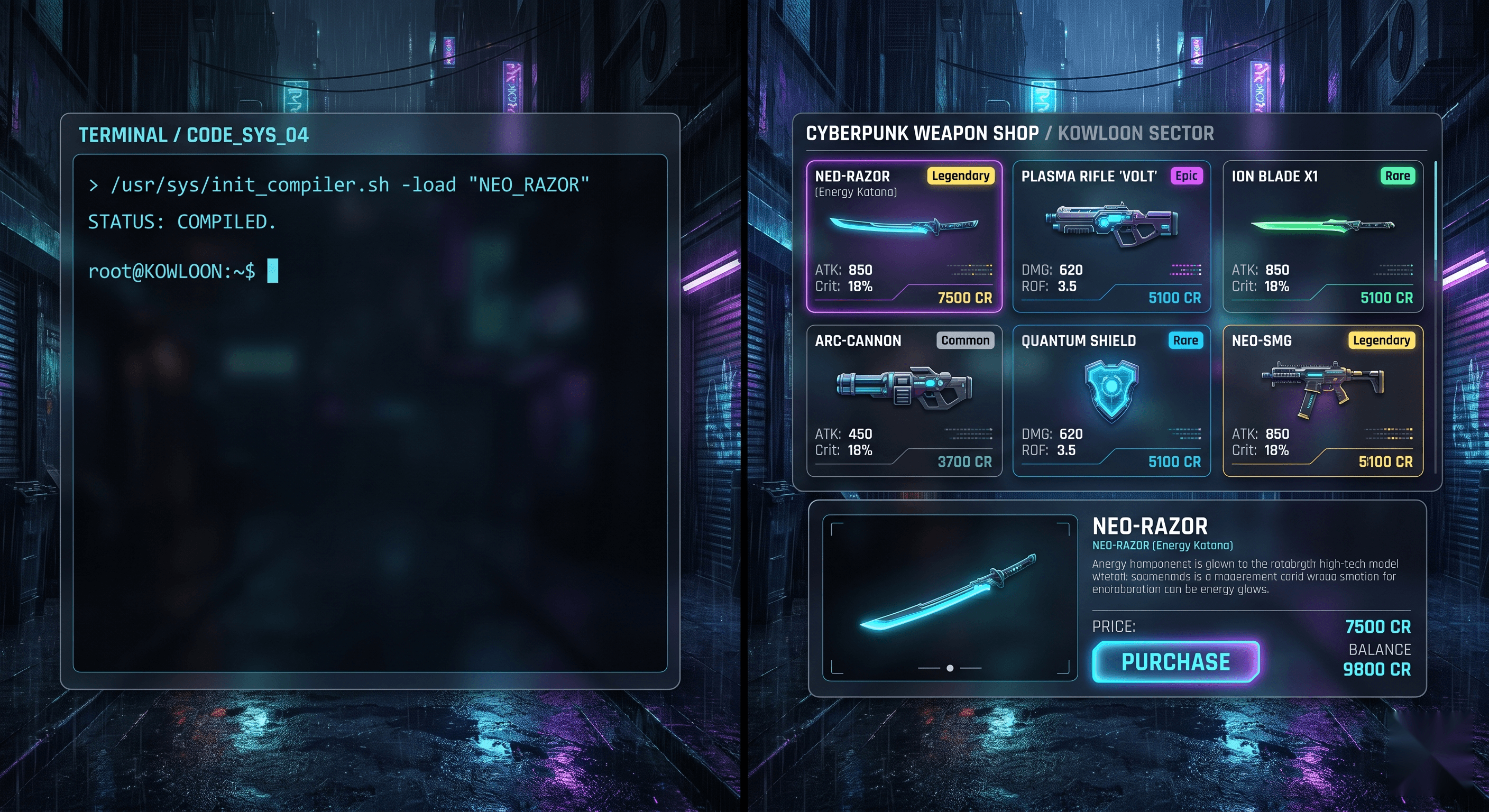 Roblox GUI Maker prompt-to-GUI showcase — a dark code editor with glowing cyan prompt on the left and a generated cyberpunk weapon shop GUI with frosted glass panels and neon rarity tags on the right
