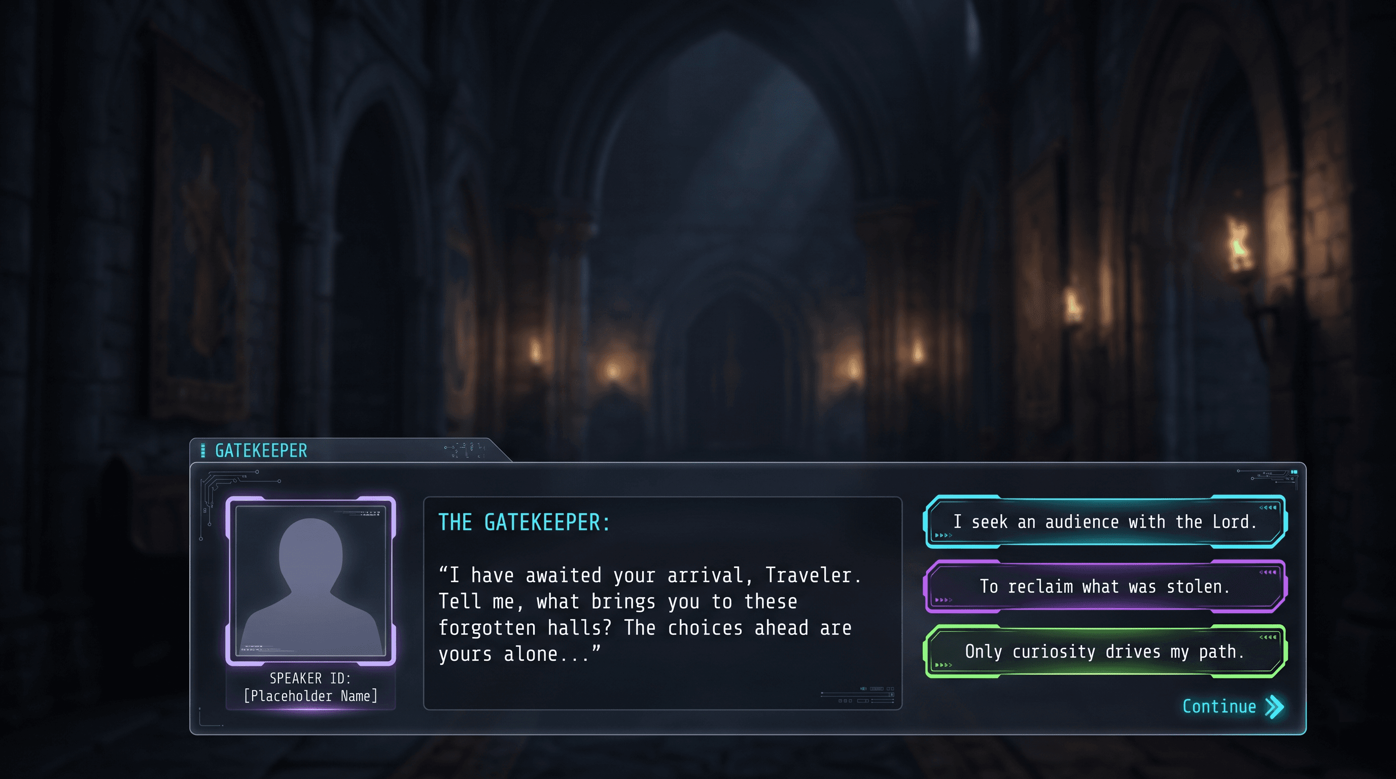Dialogue System Roblox GUI template preview — NPC Chat & Choices, cartoon style, desktop layout