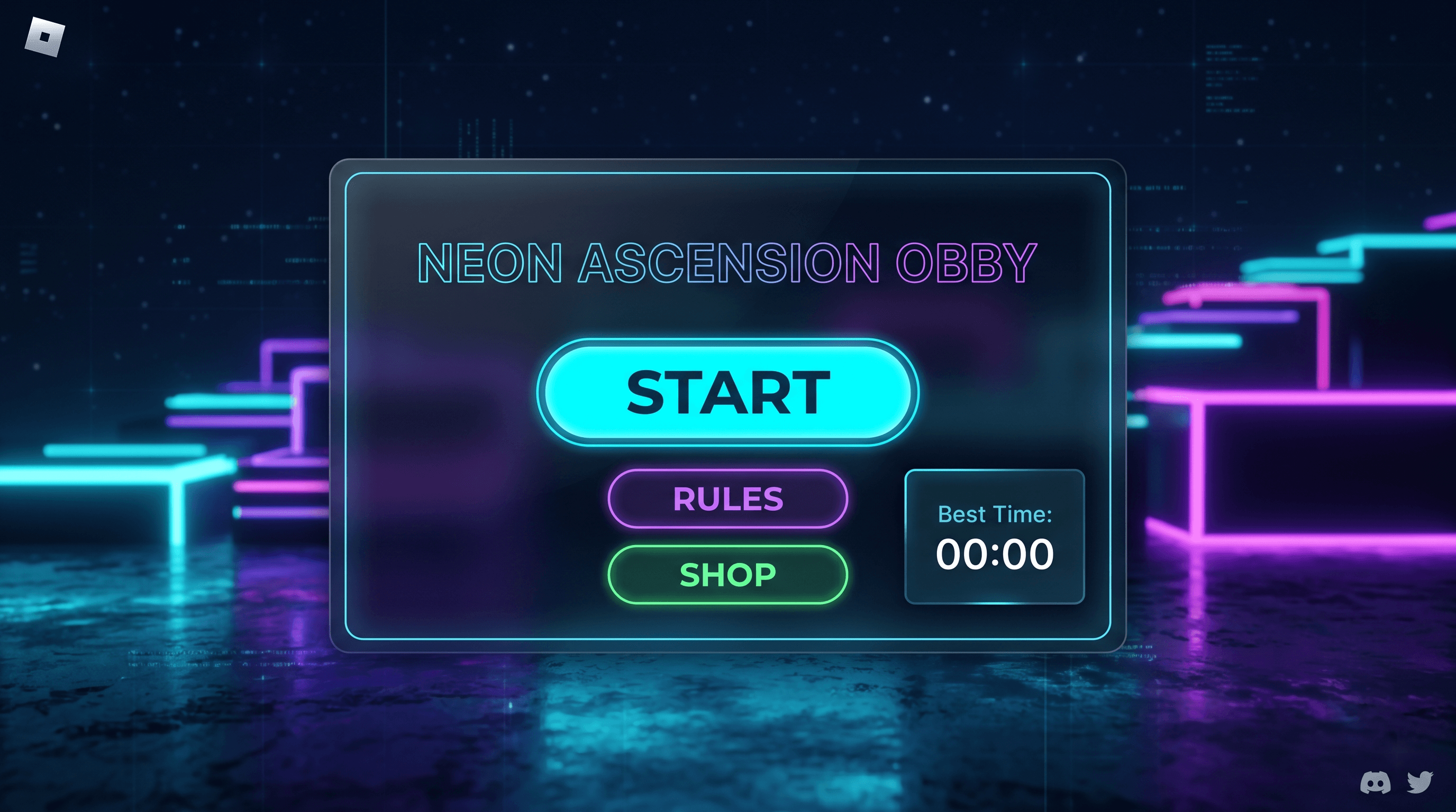 Obby Start Screen Roblox GUI template preview — Start / Rules / Shop, cartoon style, mobile layout