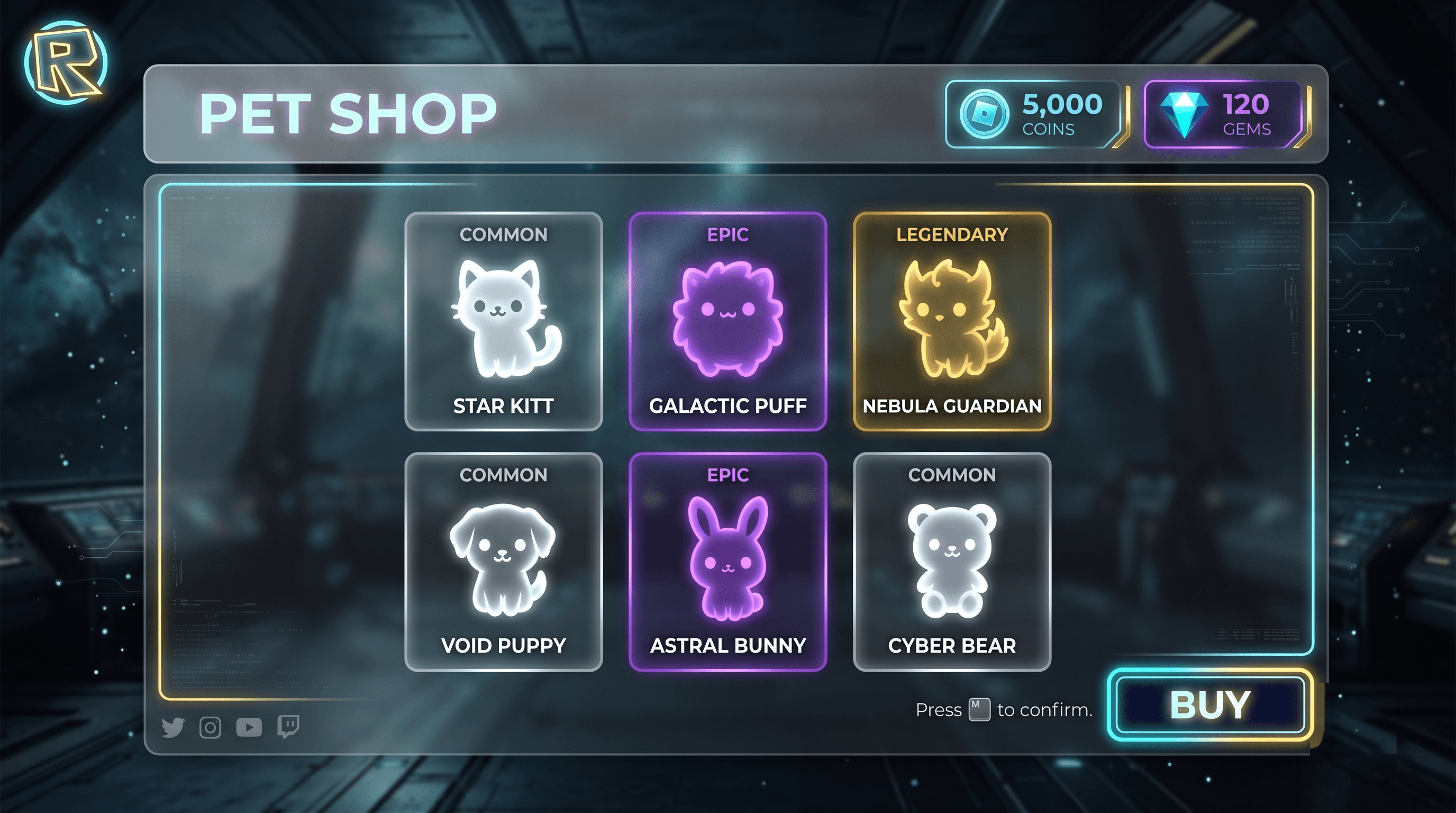 Pet Shop Roblox GUI template preview — Buy & Equip Pets, cartoon style, desktop layout