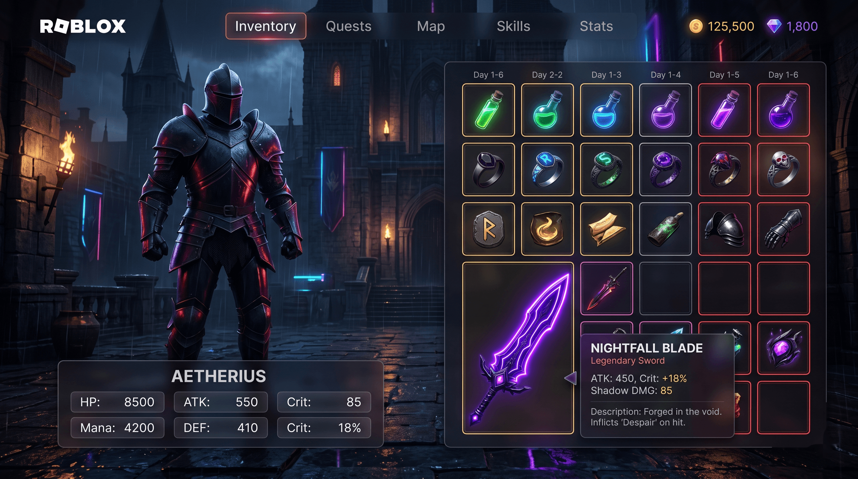 RPG Inventory Roblox GUI template preview — Drag & Equip, dark style, desktop layout