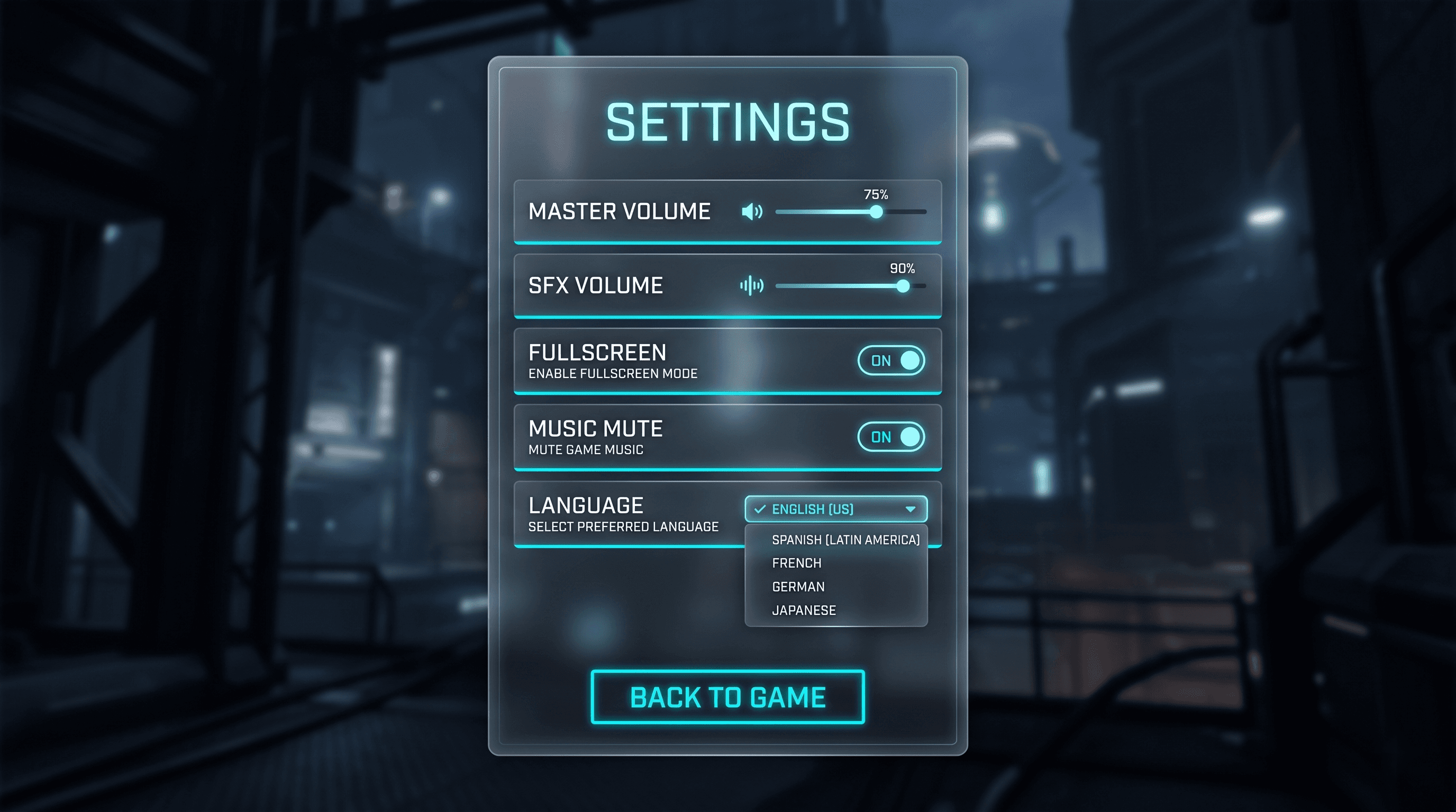 Settings Menu Roblox GUI template preview — Volume & Toggle Options, dark style, desktop layout