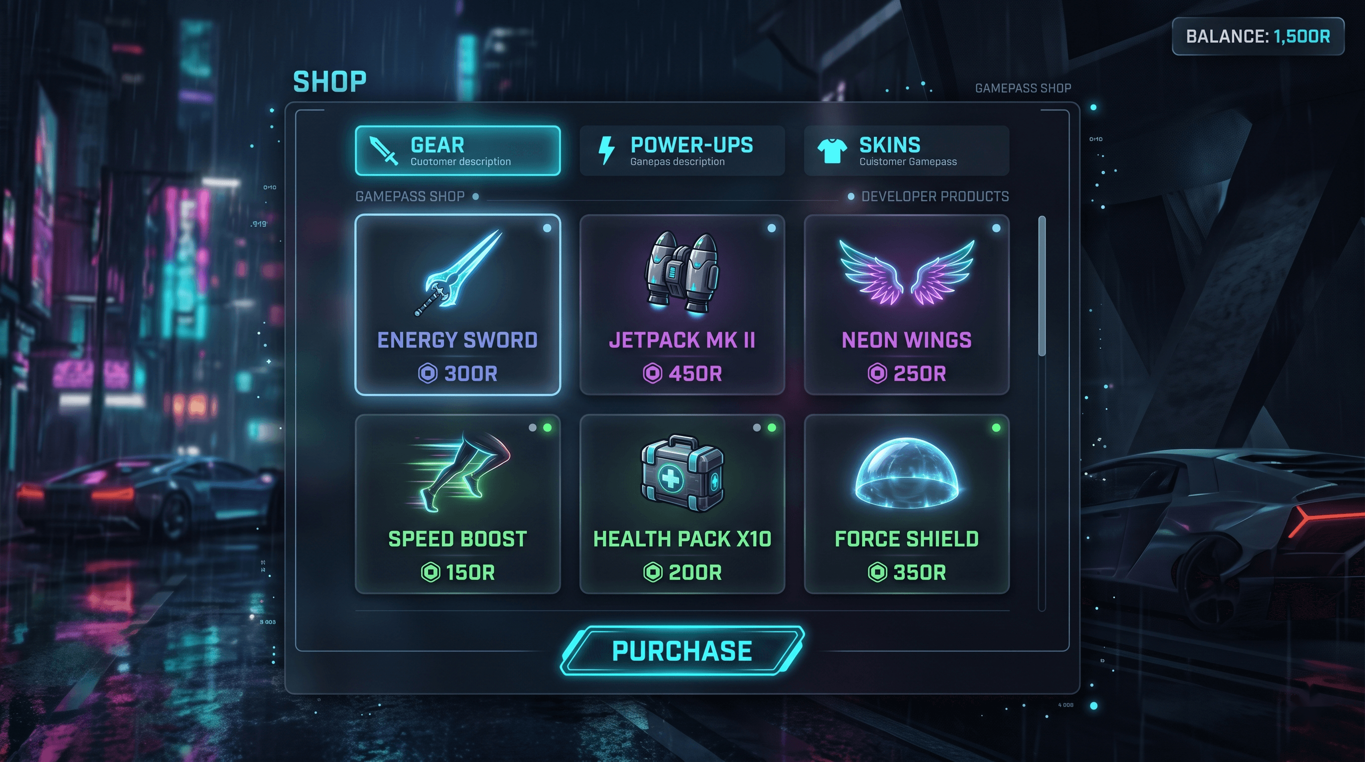 Shop UI Roblox GUI template preview — Gamepass & Devproduct Ready, bright style, desktop layout