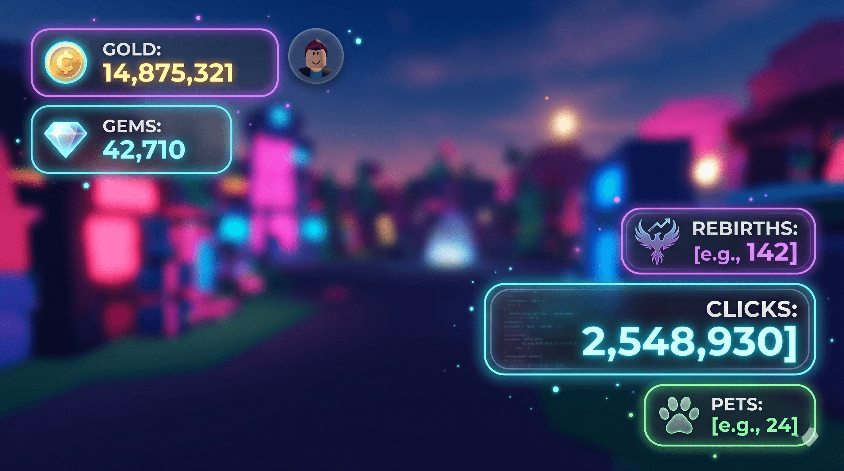Simulator HUD Roblox GUI template preview — Clicks / Rebirths / Pets, bright style, mobile layout